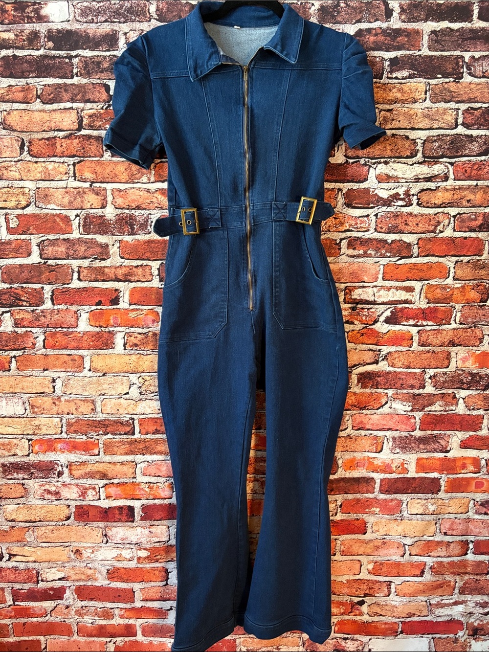Dark Blue Women's Denim Jumpsuit Jeans with Front Zip Pockets Size Medium
